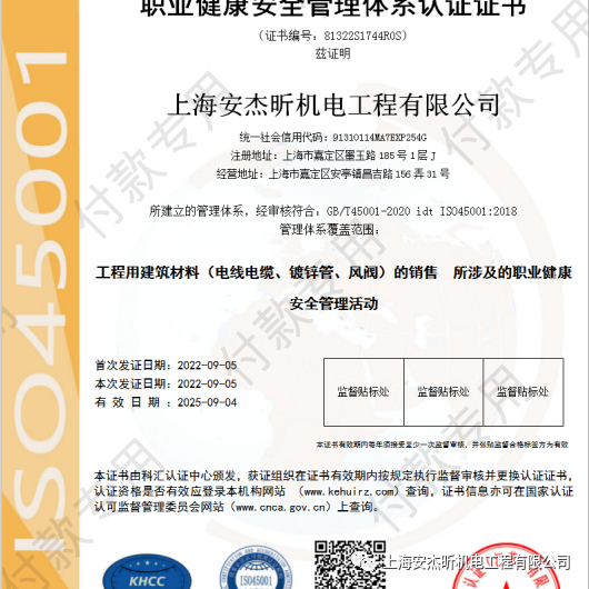 职业健康安全管理体系认证证书