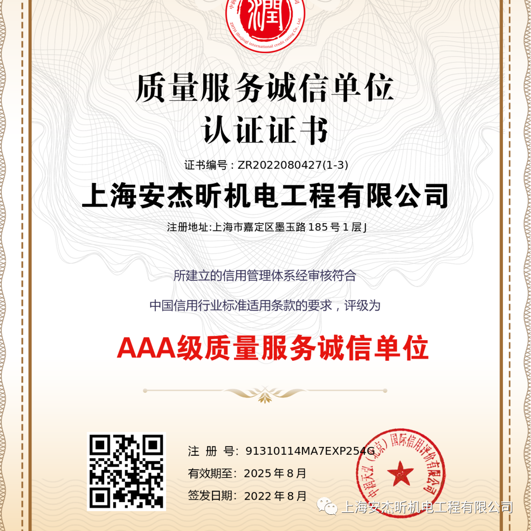 质量服务诚信单位认证证书